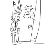  2016 anthro black_and_white clothed clothing dialogue disney english_text fully_clothed fur jack_savage lagomorph looking_down male mammal monochrome necktie rabbit simple_background smile solo speech_bubble text the_weaver unseen_character white_background zootopia 