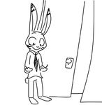  2016 anthro black_and_white clothed clothing disney fully_clothed fur jack_savage lagomorph long_ears looking_down male mammal monochrome necktie rabbit simple_background smile solo the_weaver white_background zootopia 