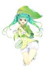  2016 :d alternate_eye_color ankle_boots aqua_hair bangs bloomers blush boots breasts buttons capelet dated eyebrows eyebrows_visible_through_hair eyelashes frog_eyes full_body gradient_hair green_footwear green_hair hair_ornament hatsune_miku headphones highres holding holding_leaf jumping leaf leaf_umbrella long_hair long_sleeves looking_at_viewer multicolored_hair open_mouth p.p_(operson_nangko) red_eyes rubber_boots shorts signature simple_background small_breasts smile solo sphere thigh_gap twintails underwear very_long_hair vocaloid water_drop wet white_background white_shorts 