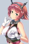 bare_shoulders breasts brown_hair gloves green_eyes grey_background hairband headband headgear highres kantai_collection large_breasts midriff mutsu_(kantai_collection) pixcel radio_antenna short_hair solo upper_body white_gloves 
