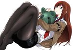  armband belt black_legwear blue_eyes brown_hair dress_shirt jacket jyura legs_together legs_up legwear_under_shorts long_hair lying makise_kurisu necktie no_shoes on_back pantyhose pantyhose_under_shorts red_neckwear shirt shorts steins;gate upa_(steins;gate) 