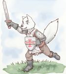  anthro armor canine clothed clothing costume cub digital_media_(artwork) knight lavilovi male mammal melee_weapon simple_background solo sword weapon wolf young 