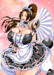  1girl apron bare_shoulders breasts brown_eyes brown_hair cleavage dead_or_alive dead_or_alive_5 erect_nipples fant fatal_fury female hair_ornament huge_breasts king_of_fighters long_hair long_ponytail looking_at_viewer maid maid_headdress mifune_seijirou open_mouth petals ponytail shiranui_mai skirt snk solo standing thighs waist_apron wink 