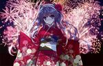  blush fireworks floral_print flower hair_flower hair_ornament highres japanese_clothes kimono kuroya_shinobu lavender_hair long_hair looking_at_viewer night obi original purple_eyes sash smile solo twintails wide_sleeves 