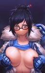  areolae berg blue_gloves blush breast_conscious breast_hold breasts coat covering covering_breasts dark_background fur_collar glasses gloves hair_bun hair_ornament hairpin highres large_breasts looking_down mei_(overwatch) open_clothes open_coat overwatch shirt_lift solo 