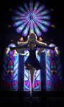  blonde_hair breasts cleavage dress glowing glowing_eyes green_eyes highres large_breasts lipstick long_hair makeup meitantei_conan mitar outstretched_arms solo stained_glass thigh_pouch vermouth_(meitantei_conan) 