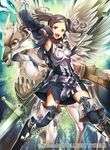 armor blue_hair copyright_name cynthia_(fire_emblem) fire_emblem fire_emblem:_kakusei fire_emblem_cipher garter_straps gloves holding holding_weapon looking_at_viewer nagahama_megumi official_art open_mouth pegasus_knight polearm short_hair short_twintails smile spear thighhighs twintails weapon zettai_ryouiki 