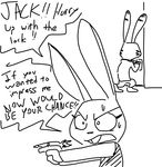  2016 angry anthro black_and_white buckteeth clothed clothing dialogue disney duo english_text female fully_clothed fur holding_object jack_savage judy_hopps lagomorph line_art long_ears mammal monochrome open_mouth plantigrade rabbit ranged_weapon simple_background speech_bubble sweat teeth text the_weaver weapon white_background yelling zootopia 