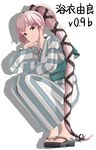  3d commentary japanese_clothes kantai_collection kimono long_hair mikumikudance pink_hair ponytail shadow smile solo squatting tsumidango very_long_hair white_background yukata yura_(kantai_collection) 