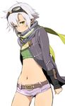  belt breasts eiyuu_densetsu enami_katsumi fie_claussell goggles goggles_on_head green_eyes groin highres looking_at_viewer midriff navel scarf sen_no_kiseki sen_no_kiseki_2 short_hair short_shorts shorts silver_hair simple_background small_breasts solo white_background 