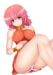  bare_shoulders blush breasts commentary_request final_fantasy final_fantasy_v green_eyes highres large_breasts lenna_charlotte_tycoon looking_at_viewer orange_shirt panties pantyshot pantyshot_(sitting) pink_hair ponpo shirt short_hair sitting smile solo underwear upskirt white_panties 