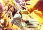  blonde_hair blue_eyes bodysuit breasts eyebrows foreshortening highres large_breasts lips looking_at_viewer looking_to_the_side magion02 mechanical_halo mechanical_wings mercy_(overwatch) non-web_source nose orb outstretched_arms overwatch paid_reward parted_lips patreon_reward short_hair signature solo teeth wings yellow_wings 