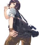  bangs black_hair black_vest bracelet brown_eyes camera_lens from_below ichikei jewelry looking_at_viewer looking_back original pants product_placement short_hair short_sleeves simple_background smile solo sony tv_camera v vest white_background 