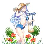  bag bikini bracelet carrying drill_hair flower front-tie_top giuniu hand_on_own_head handbag hat hat_flower jewelry light_blue_hair long_hair looking_at_viewer midriff navel official_art one_eye_closed open_fly plant queen_mary_(uchihime) shirt short_shorts shorts smile solo sun_hat swimsuit tied_shirt transparent_background uchi_no_hime-sama_ga_ichiban_kawaii unbuttoned yellow_eyes 