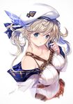  bare_shoulders beret blue_eyes breasts collarbone commentary_request cucouroux_(granblue_fantasy) granblue_fantasy hair_ribbon hat long_hair medium_breasts min-naraken ribbon skirt solo twintails 