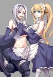  :d alternate_costume animal_ears apron arachne blonde_hair blue_eyes breast_press breasts carapace centaur centorea_shianus cleavage crop_top elbow_gloves enmaided extra_eyes fangs gloves grey_background horse_ears insect_girl large_breasts leg_garter long_hair looking_at_viewer maid maid_headdress monster_girl monster_musume_no_iru_nichijou multiple_girls open_mouth pd_(seripanda) ponytail rachnera_arachnera red_eyes short_hair silver_hair simple_background smile spider_girl stomach tray underboob waist_apron 
