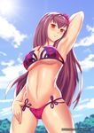  arm_behind_head bikini breasts cleavage fate/grand_order fate_(series) flower hair_flower hair_ornament haryudanto hibiscus large_breasts long_hair looking_at_viewer midriff purple_hair red_eyes scathach_(fate)_(all) scathach_(swimsuit_assassin)_(fate) smile solo swimsuit watermark web_address 