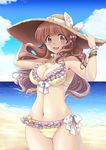  :3 beach bikini bracelet breasts brown_eyes brown_hair candy_hair_ornament cleavage cloud cloudy_sky day food_themed_hair_ornament hair_ornament hands_on_headwear hat idolmaster idolmaster_cinderella_girls jewelry large_breasts long_hair looking_at_viewer moroboshi_kirari narumizg navel necklace ocean outdoors pearl_necklace shore sky solo star sun_hat swimsuit 