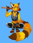  2014 anthro armpits aycee blonde_hair blue_eyes clothed clothing collar feline female fur hair mammal pumzie simple_background solo weapon yellow_fur 