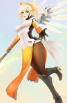  amanda_evelyn_earl blonde_hair blue_eyes breasts highres large_breasts mechanical_halo mechanical_wings mercy_(overwatch) overwatch pantyhose ponytail solo wings 