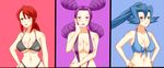  3girls bare_arms bare_shoulders blue-eyes blue_hair breasts elite_four glasses gym_leader hand_on_hips high_ponytail ibuki_(pokemon) kanna_(pokemon) large_breasts$ lipstick long_hair melissa_(pokemon) multiple_girls pokemon pokemon_(game) pokemon_dppt pokemon_frlg pokemon_hgss ponytail purple_hair purples_eyes red_eyes red_hair simple_background swimsuit 