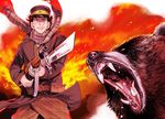  1boy bayonet bear golden_kamuy noda_satoru official_art peaked_cap rifle scar scarf sugimoto_saichi weapon 