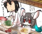  1girl :x admiral_(kantai_collection) anchorage_water_oni black_hair blue_hair blush_stickers bowl chibi chopsticks comic commentary counter cup dress eating elbow_gloves epaulettes food gloves goma_(gomasamune) grey_hair hat horns kantai_collection long_hair looking_to_the_side military military_hat military_uniform multicolored_hair noodles peaked_cap pointer ramen red_eyes shinkaisei-kan sleeveless sleeveless_dress spring_onion stool translated uniform yunomi 