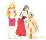  3girls barefoot bikini blonde_hair blue_eyes blue_nails blush breast_sucking breasts brown_hair feet green_eyes josui_(senran_kagura) katsuragi_(senran_kagura) kneeling large_breasts multiple_girls pink_bikini red_nails sarong senran_kagura senran_kagura_(series) senran_kagura_new_wave tiger_print toenail_polish traditional_clothes wink yoshimitsu_(senran_kagura) yuri 