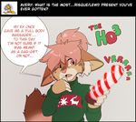  2015 anthro avery_(roanoak) christmas clothed clothing english_text feline hair holidays lynx male mammal pink_eyes pink_hair pink_nose roanoak sex_toy solo sweater text 