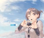  blue_eyes camcorder card_in_mouth cloud day heart heart_hands ichikei mouth_hold one_eye_closed original product_placement sd_card sky smile solo 