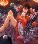  barefoot black_hair brown_eyes dress gen_1_pokemon hair_ornament hair_tie hands_together knees_up lantern long_hair lying moe_(hamhamham) on_back orange_dress orb partially_submerged personification pokemon ripples seaking solo water_balloon wristband 
