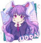 1girl animal_ears blazer blush bunny_ears character_name closed_mouth hands_on_own_cheeks hands_on_own_face iris_anemone jacket long_hair long_sleeves looking_at_viewer necktie outside_border purple_hair red_eyes red_neckwear reisen_udongein_inaba solo star star-shaped_pupils striped symbol-shaped_pupils touhou triangle twitter_username upper_body 