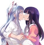  alternate_eye_color anarogumaaa bangs black_hair blue_eyes blunt_bangs blush bow commentary_request constricted_pupils embarrassed eye_contact face-to-face fujiwara_no_mokou hair_bow hime_cut houraisan_kaguya imminent_kiss kiss large_bow lips long_hair looking_at_another multiple_girls profile red_eyes silver_hair simple_background sweat touhou upper_body wavy_mouth white_background yuri 