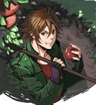  apple brown_eyes brown_hair eating fingerless_gloves food fruit gloves jacket leaf looking_up male_focus otegine over_shoulder polearm solo soul_(tamashii) spear touken_ranbu tree twitter_username upper_body weapon weapon_over_shoulder 