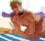 ass bara beach eyes_closed green_hair king_of_prism_by_prettyrhythm male_focus msucle nipples outdoors popsicle pretty_rhythm pretty_rhythm_rainbow_live sand sweat tagme tongue tongue_out towel yaoi 