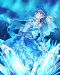  arm_warmers aurorus blue blue_dress blue_eyes bow dress facepaint gen_6_pokemon hair_bow hair_ornament ice_crystal moe_(hamhamham) outstretched_arms personification pokemon solo standing 