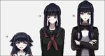  :o age_difference age_progression akai_ringo_(eveyuno) bangs black_border black_bow black_hair black_neckwear black_serafuku blunt_bangs border bow bowtie breasts collared_shirt crossed_arms expressionless eyebrows eyebrows_visible_through_hair grey_background hair_ornament height_difference highres large_breasts lina_lesia long_hair long_sleeves looking_down looking_to_the_side multiple_views neckerchief open_mouth original ponytail red_eyes school_uniform serafuku shirt simple_background upper_body white_background white_shirt wing_collar x_hair_ornament 