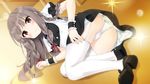  ass braid brown_hair game_cg garter_straps jpeg_artifacts koi_to_koi_suru_utopia long_hair lying mary_janes on_floor panties peko red_eyes shoes short_sleeves sidelocks solo thighhighs underwear white_legwear white_panties wrist_cuffs yashiki_moegi 