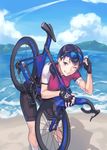  beach bicycle bike_shorts day fingerless_gloves gloves ground_vehicle ichikei ocean one_eye_closed original ponytail product_placement smile solo 