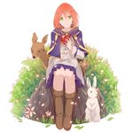  absurdres akagami_no_shirayukihime animal apple boots bunny capelet deer flower food fruit green_eyes highres latte7 looking_at_viewer red_hair shirayuki_(akagami_no_shirayukihime) smile solo white_background 