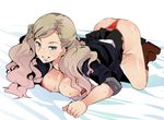  ass bent_over bikini blue_eyes boots breasts brown_hair hair_ornament hairclip large_breasts persona persona_5 skirt solo sweat swimsuit takamaki_anne twintails uchiuchi_keyaki 