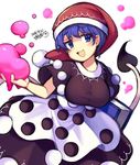  2016 :d blue_eyes blue_hair blush book breasts commentary cowboy_shot dated doremy_sweet dream_soul dress eyebrows hat holding holding_book iroyopon large_breasts leaning_forward looking_at_viewer naughty_face nightcap open_mouth pom_pom_(clothes) short_hair short_sleeves signature smile smug solo tail tapir_tail taut_clothes taut_dress thick_eyebrows touhou white_background 