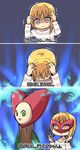  3koma :3 amaa_(chou_dennou_jidai) blonde_hair comic fire idolmaster idolmaster_cinderella_girls idolmaster_cinderella_girls_starlight_stage mask miyamoto_frederica parody persona persona_5 short_hair translated ueki-chan yellow_eyes 