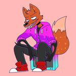  2016 anthro big_tail canine clothed clothing dipstick_tail drawdroid fox fully_clothed hoodie male mammal multicolored_tail open_mouth pink_background pyrocynical sharp_teeth simple_background sitting solo teeth television 