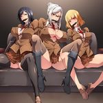  3girls arms_behind_back black_eyes black_hair blonde_hair blush bondage boots breasts cleavage collared_skirt couch erect_nipples feet gagged glasses hair_bun highres huge_breasts kurihara_mari_(prison_school) large_breasts legs long_hair looking_at_viewer midorikawa_hana multiple_girls nightmare_express panties plaid_skirt prison_school red_eyes restrained rope school_uniform shiraki_meiko shoes short_hair simple_background sitting skirt small_breasts spread_legs thighhighs thighs tied_up underwear white_hair 