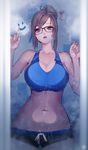  against_glass bike_shorts breast_press breasts breasts_on_glass brown_hair cleavage frosted_glass glass glasses hair_bun hair_ornament hair_stick hairpin highres huge_breasts instant_ip looking_at_viewer mei_(overwatch) navel open_mouth overwatch smiley_face solo sports_bra stomach window_writing 