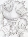  animal_genitalia anthro balls dudebulge duo front_view holding_object holding_weapon human humanoid_penis macro male mammal melee_weapon nude penis penis_tip shadow_of_the_colossus sheath signature solo_focus sword weapon 