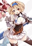  218 blonde_hair breasts brown_eyes brown_legwear cleavage cowboy_shot djeeta_(granblue_fantasy) dragon gauntlets granblue_fantasy granblue_fantasy_project_re:link grey_background hair_intakes hairband looking_at_another medium_breasts miniskirt open_mouth pauldrons pelvic_curtain pleated_skirt sheath sheathed short_hair simple_background skirt smile solo spikes sword thighhighs vee_(granblue_fantasy) weapon white_background zettai_ryouiki 