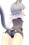  1girl animal_ears ass bent_over black_panties blush capelet commentary_request cowboy_shot from_behind grey_hair grey_shirt grey_skirt ishikkoro long_sleeves looking_at_viewer looking_back miniskirt mouse_ears mouse_tail nazrin panties red_eyes shirt skirt skirt_lift skirt_set solo tail touhou underwear white_background 