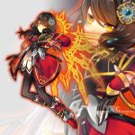  1girl black_hair earrings elsword eve_(elsword) facial_mark gem gloves hair_ornament hairclip high_heels jewelry short_hair sidelocks sun_(symbol) symbol thighhighs vilor yellow_eyes 